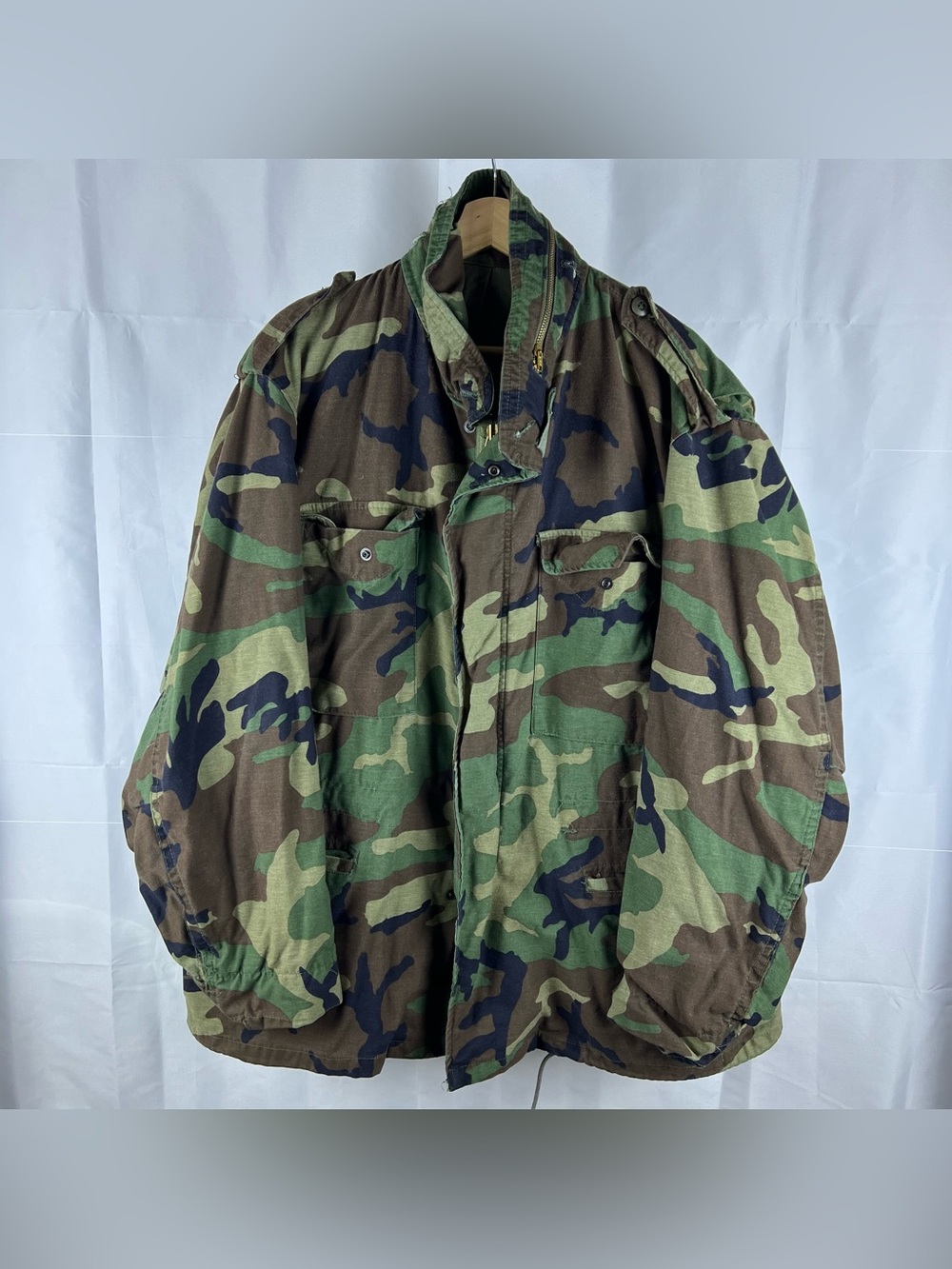 Vintage US Military Coat Mens XL Woodland Camo Cold Weather Field US Army 1985